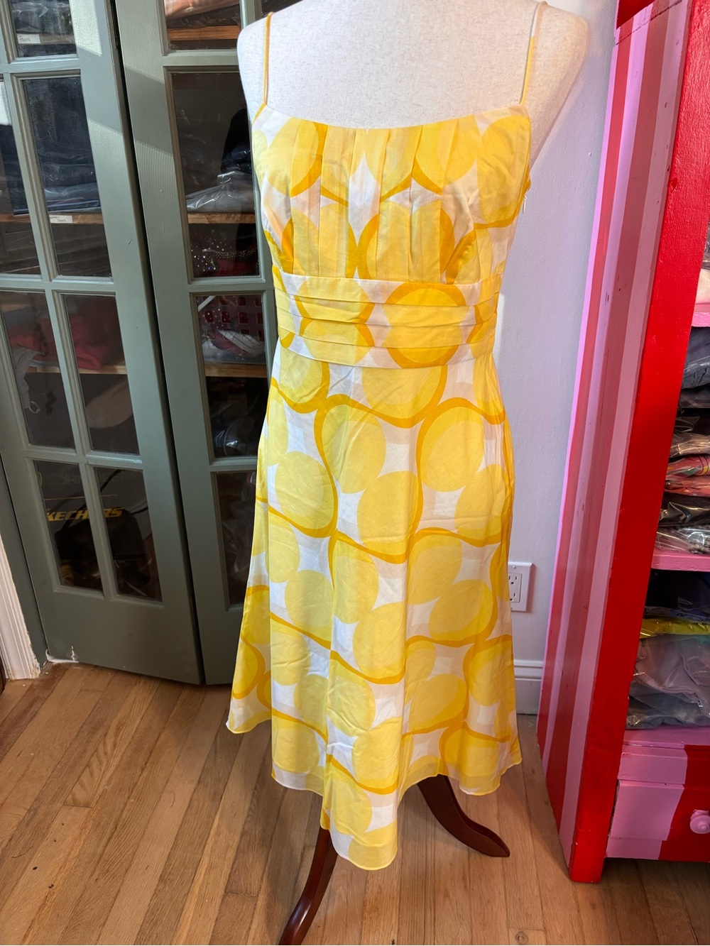 Ann Taylor Yellow Mod Print Cotton Midi Dress Size 6 Spaghetti Strap Tie Waist